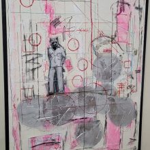 pink grey and white art on wall